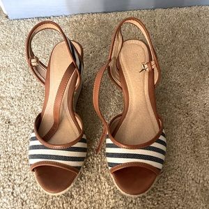 Report wedge espadrilles denim/cream stripe color with brown leather trim